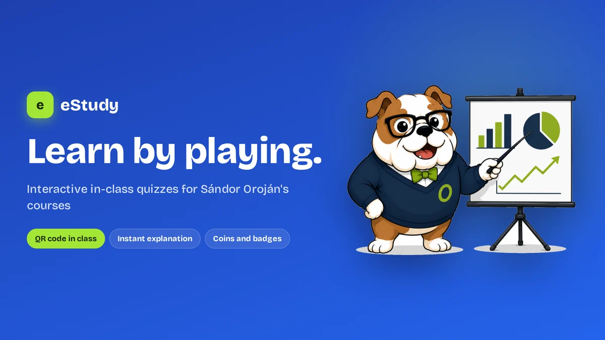 The eStudy mascot: a bulldog in glasses and a navy sweater beside a presentation board with charts, with the wording “Learn by playing.”