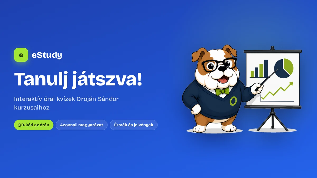 Az eStudy tanulóplatform kabalája: szemüveges, sötétkék pulóveres bulldog egy grafikonos vetítővászon mellett, „Tanulj játszva!” felirattal