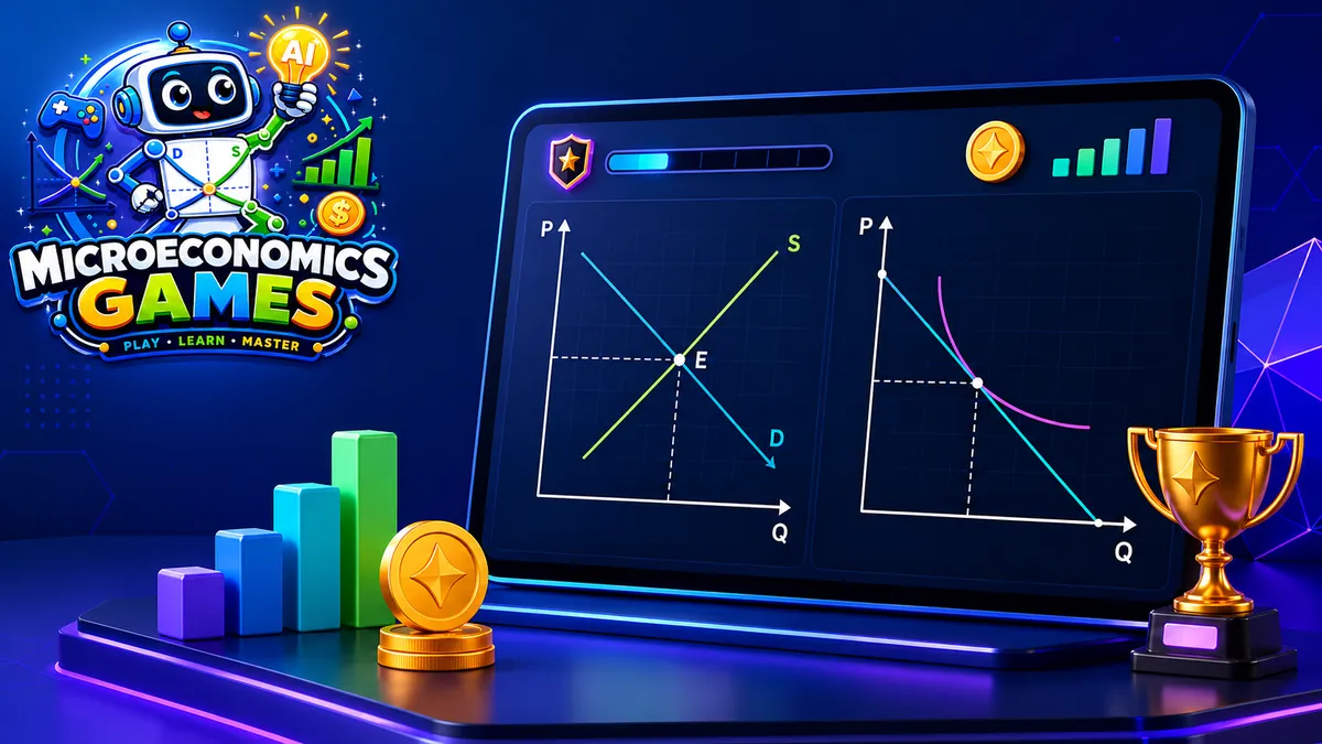 A Microeconomics Games nyitóképe: neonkék robotkabala a logóval, mellette laptop kereslet-kínálati grafikonokkal, érmékkel és serleggel